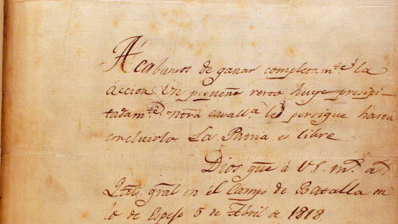 Batalla de Maipú.
Manuscrito y transcripción del telegrama y comunicación, que el mismo San Martín dirigió a Bernardo O'Higgins