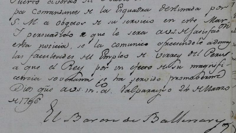 Nota de Ambrosio O´Higgins comunicando al al Cabildo de Santiago, su nombramiento como virrey del Perú.