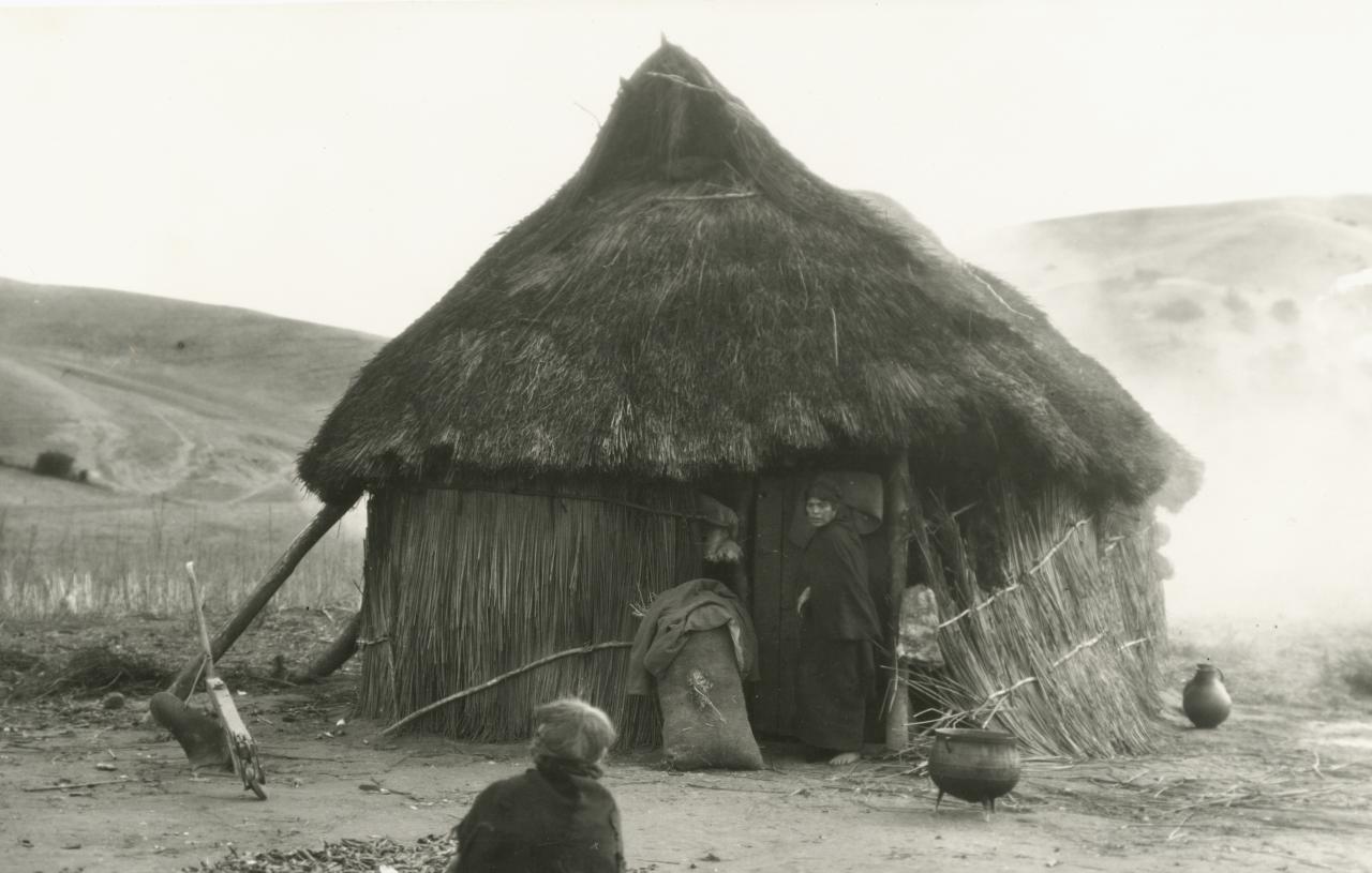 Mujer frente a una ruca mapuche.