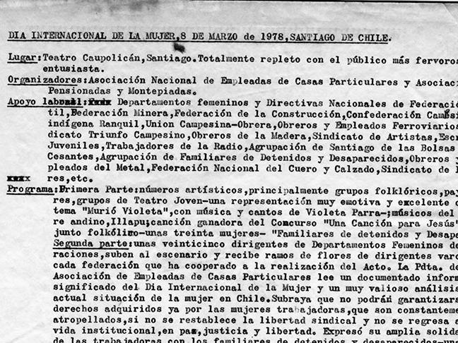 Comentario sobre primer acto masivo de las mujeres en dictadura, en el Teatro Caupolicán, Día Internacional de la Mujer, 1978. Archivo Mujeres y Géneros (AMG), Fondo Elena Caffarena Morice, Caja 7.