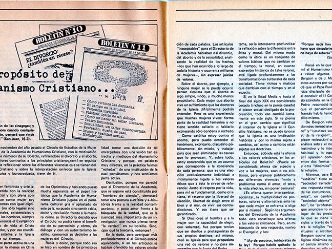 Artículo de Boletín Nos/Otras (Año 2, N°1, 1984) a propósito de la expulsión del Círculo de Estudios de la Mujer de la Academia de Humanismo Cristiano. AMG, Fondo Isis, Caja 462.