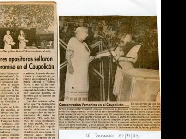 Noticias sobre “Caupolicanazo” de mujeres, acto en el Teatro Caupolicán, 29 de diciembre de 1983, convocado por Mujeres por la Vida. Archivo MMDH, Fondo Teresa Valdés.