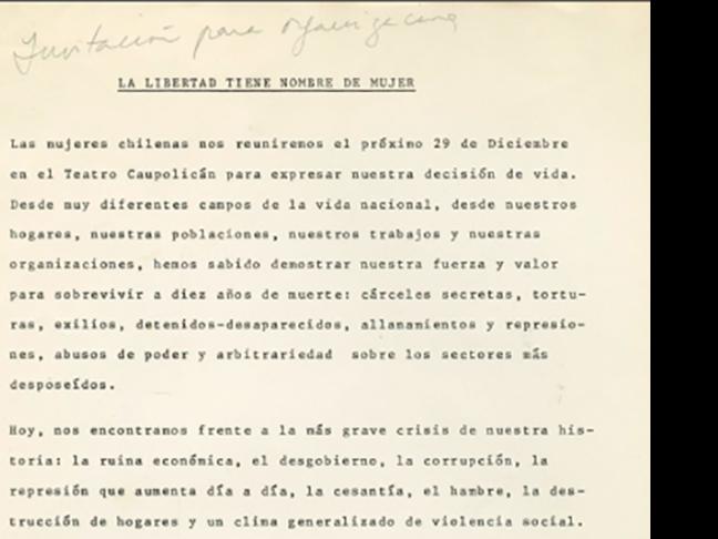 “La libertad tiene nombre de mujer”. Convocatoria al Caupolicán dirigida a las mujeres de Chile, 1983. Archivo MMDH, Fondo Teresa Valdés.