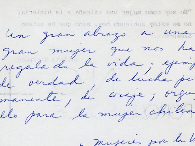 No + porque somos +”, tarjeta de Mujeres por la Vida dirigida a Elena Caffarena (8 de marzo de 1987). AMG, Fondo Elena Caffarena Morice, Caja 6.