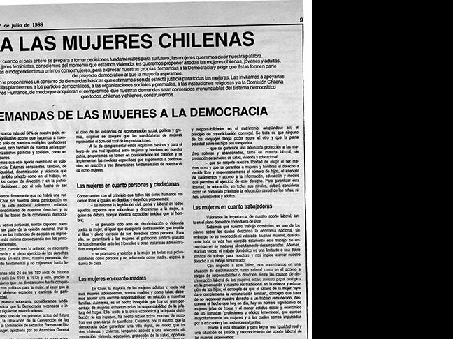 “A las mujeres chilenas. Demandas de las Mujeres a la Democracia”, Diario La Época, 1 de julio de 1988. AMG, Fondo Elena Caffarena Morice, Caja 7.