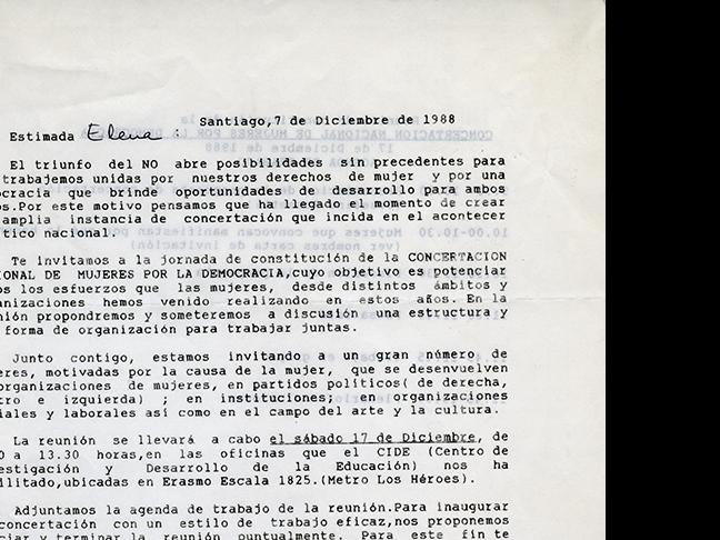 Carta a Elena Caffarena invitándola a jornada de constitución de la Concertación Nacional de Mujeres por la Democracia (diciembre de 1988). AMG, Fondo Elena Caffarena Morice, caja 6.