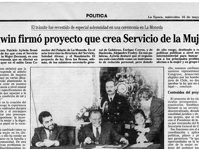 Noticia sobre creación del Servicio Nacional de la Mujer (Sernam), 1990. AMG, Fondo Elena Caffarena, Morice, Caja7.