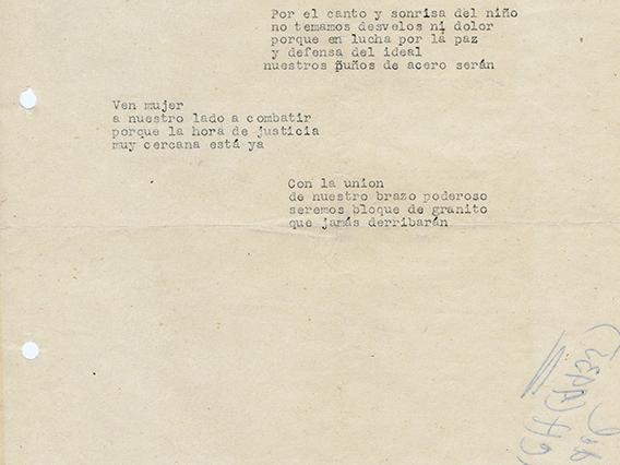 Letra del himno del MEMCH, 1935. AMG, Fondo Elena Caffarena Morice, caja 5.