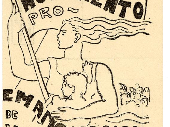 Postal del MEMCH con ilustración realizada en el marco del Primer Congreso Nacional de 1937. AMG, Fondo Elena Caffarena Morice, caja 9.