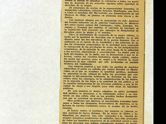 Noticia publicada en periódico del Frente Popular, diciembre de 1938. AMG, Fondo Elena Caffarena, caja 5.