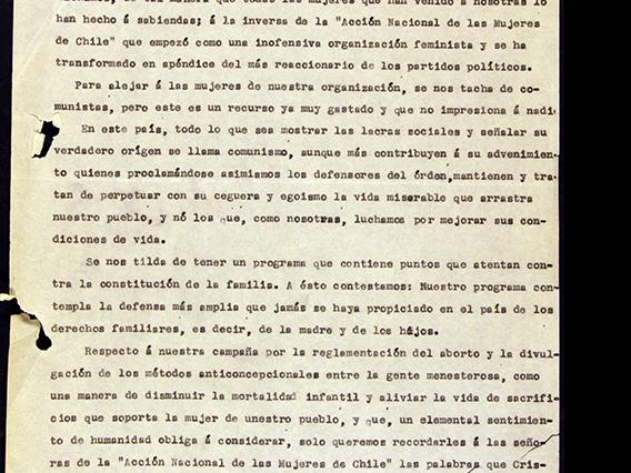 Declaración pública del MEMCH ante críticas de la Acción Nacional de Mujeres de Chile, 8-09-1935. AMG, Fondo Elena Caffarena, caja 5.