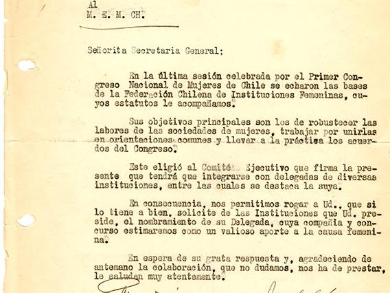Carta del Comité Ejecutivo de la FECHIF al MEMCH, 20-11-1944.  AMG, Fondo Elena Caffarena, caja 6.