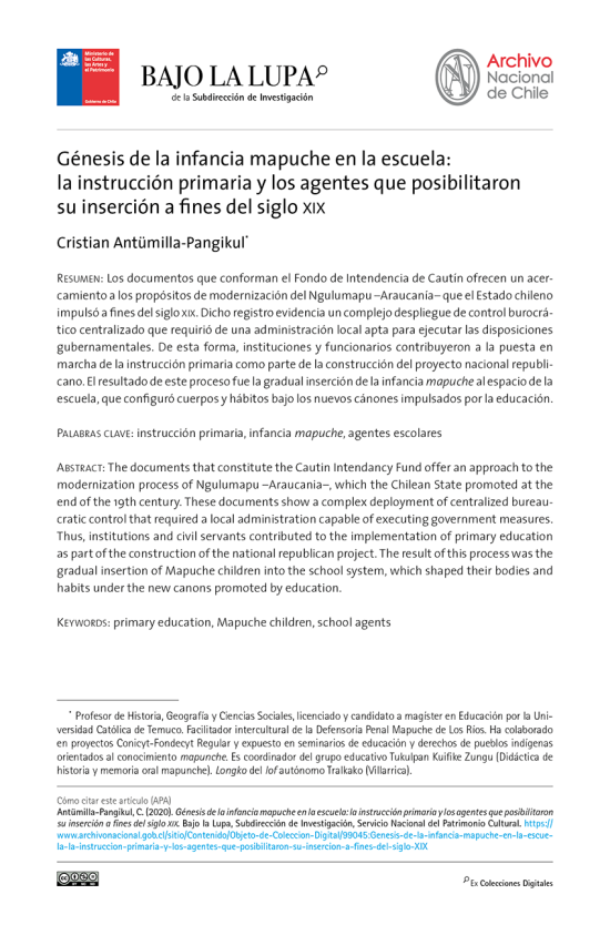 Génesis de la infancia mapuche en la escuela: la instrucción primaria y los agentes que posibilitaron su inserción a fines del siglo XIX