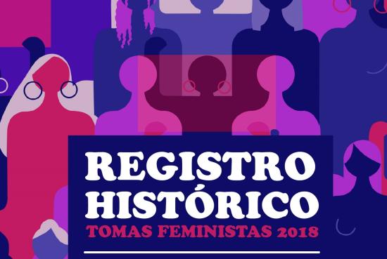 Siluetas de mujer dibujadas en colores morado , lila y fucsia con un título dice Registro histórico: tomas feministas 2018.