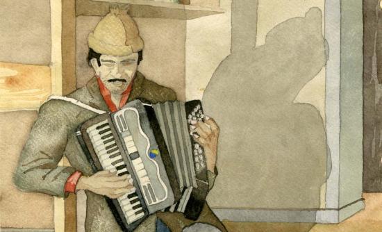 Cuadro de hombre tocando acordeón.