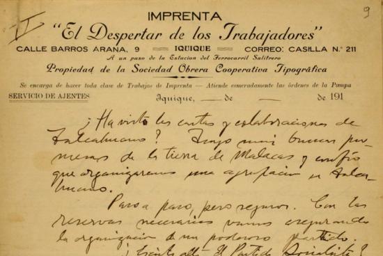 Correspondencia de Luis Emilio Recabarren a Alberto Martínez. Iquique, 1912-1915. Archivo Nacional. Fondos Varios, vol.1157. Foja 9.