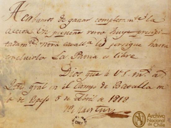 Misiva de San Martín a O'Higgins, 5 abril de 1818.