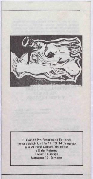 Contraportada de díptico de Feria sobre el Exilio y el Retorno, 1988. Comisión Chilena de Derechos Humanos. Díptico.
