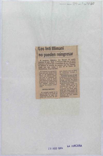 Noticia: Inti Illimani pide volver a Chile, 28 agosto de 1984. Archivo Nacional de la Administración, Comisión Chilena de Derechos Humanos, caja277. Recorte de diarioo.