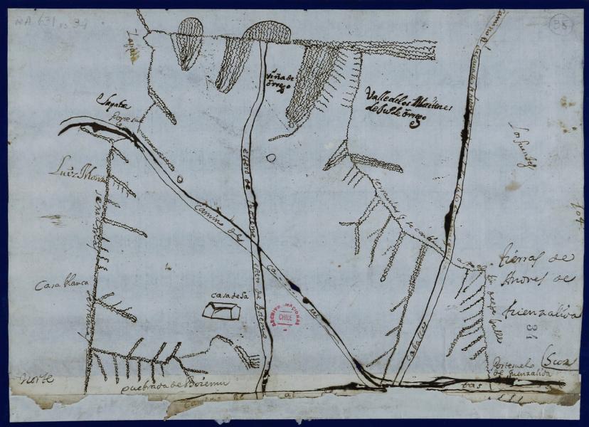 Mapa de la zona de Casablanca entre los cerros de la cuesta Zapata y el camino de caballos que viene de lo de Amézquita, 1726. Fondo Real Audiencia, Archivo Histórico Nacional.