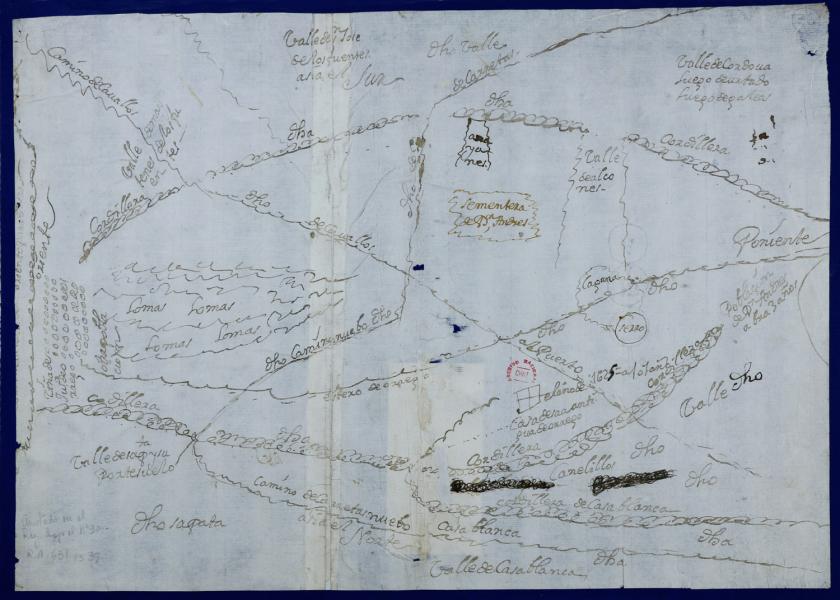 Zona de Casablanca, entre los valles de Casablanca, los Fuentes y Córdoba, la cordillera de la costa y el mar, Agustín de Saa, 1726. Fondo Real Audiencia, Archivo Histórico Nacional.