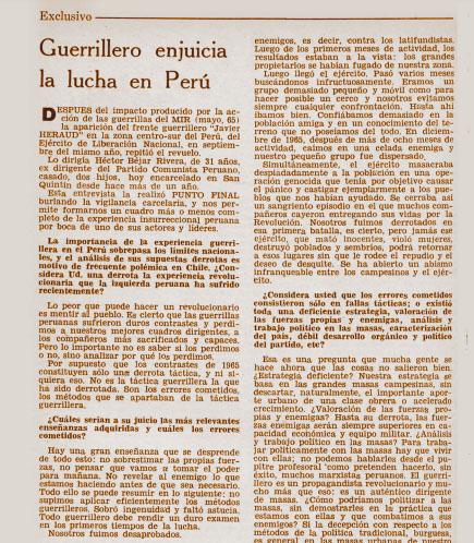 Entrevista de Miguel Enríquez al guerrillero peruano Héctor Bejar, para la revista Punto Final N°25, de 1967. Revista.