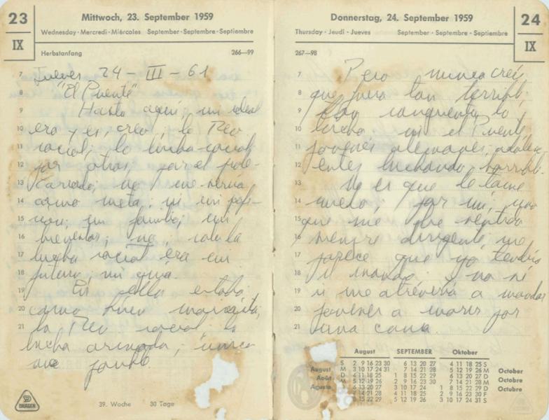 Nota bajo el título "El Puente". del 24 de marzo de 1961. Cuaderno de Miguel Enríquez. Escritura en agenda.