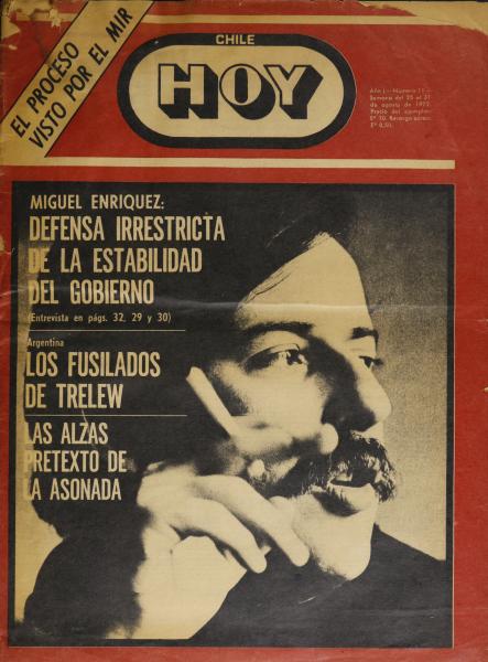 Revista Chile Hoy N°11, con portada de una entrevista a Miguel Enríquez, 1972. Fondo familiar. Revista.