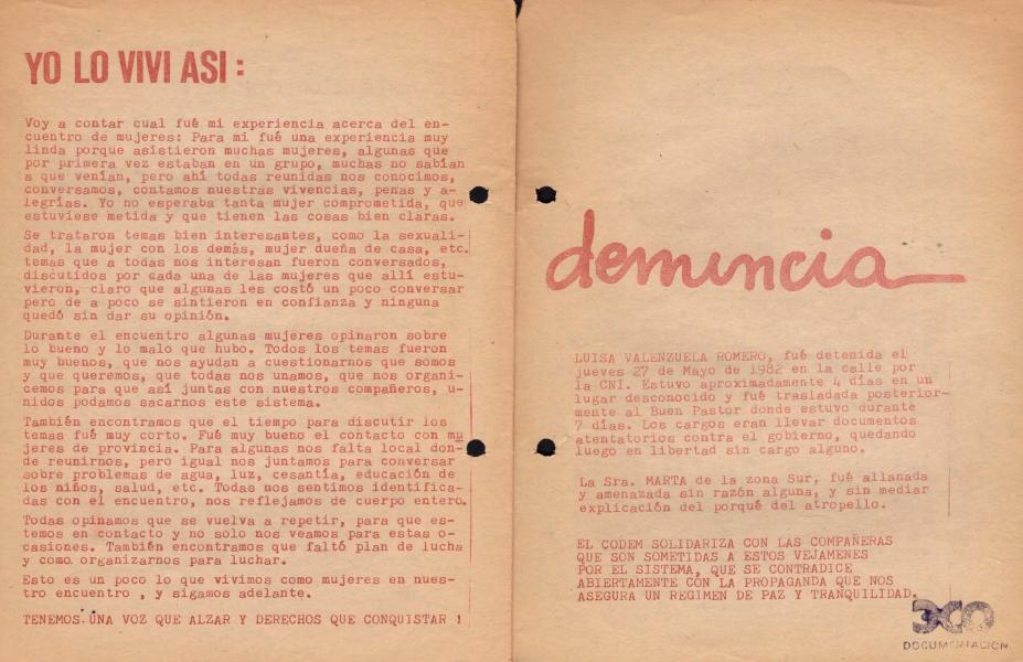 Vamos Mujer, órgano oficial del Comité de Defensa de los Derechos de la Mujer (CODEM), junio de 1982. Publicación del MEMCH. Archivo de Mujeres y Géneros.