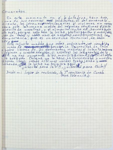 Manuscrito de José Cristián Valencia Castañeda, "Pepe Valencia", durante su detención en la 3° Comisaría de Carabineros de Santiago, en antecedentes del Decreto Exento N°6321 Dispone arresto de personas que indica, del 24 de septiembre de 1987. Fondo Ministerio del Interior. Vol. 46683. Archivo Nacional de la Administración. Documento.