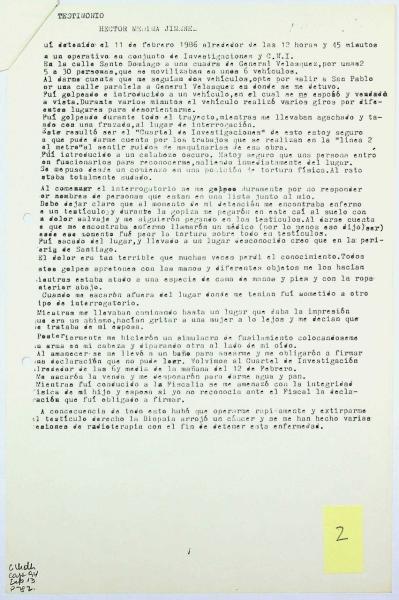 Testimonio de Héctor Medina Jiménez ante la Comisión Chilena de Derechos Humanos sobre su detención por parte de la Policía de Investigaciones y la CNI. 11 de marzo de 1986. Fondo Comisión Chilena de Derechos Humanos. Caja 94. Exp. 13. Archivo Nacional de la Administración. Documento.