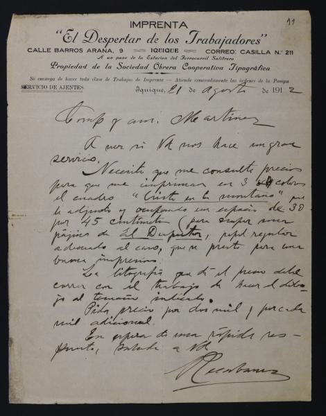 Carta a Recabarren desde Iquique 1912