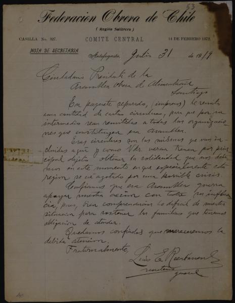 Carta a Recabarren desde Antofagasta 1919