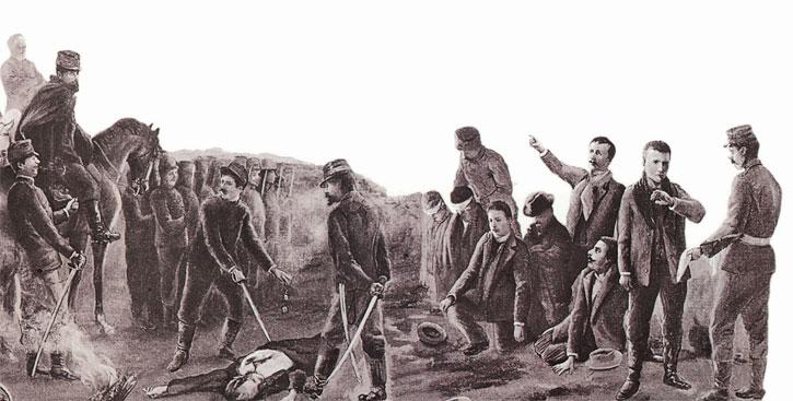 Grabado de la Masacre de Lo Cañas, ocurrido el 18 de agosto de 1891, durante la Guerra Civil chilena de 1891.