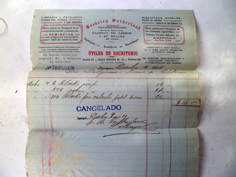 Factura de casa comercial de Iquique, año 1911.