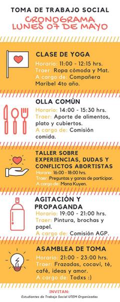 Cronograma de actividades durante la toma feminista de la carrera de Trabajo Social de la UTEM, Santiago, 07-05-2018. Donación Josefa González- Trabajo Social UTEM.