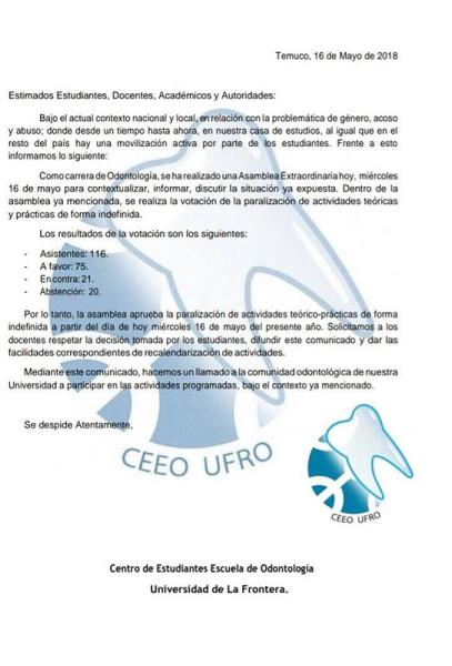 Acta de reunión asamblea de mujeres de la carrera de Odontología de la UFRO, Temuco, 16-05-2018. Donación Francisca Vilches- ATMA UFRO.