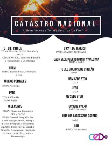 Volante Catastro Nacional de Universidades en Toma y Paralización Feminista (Coordinadora Feminista Universitaria- COFEU), 2018. Donación Amanda Mitrovich- COFEU.