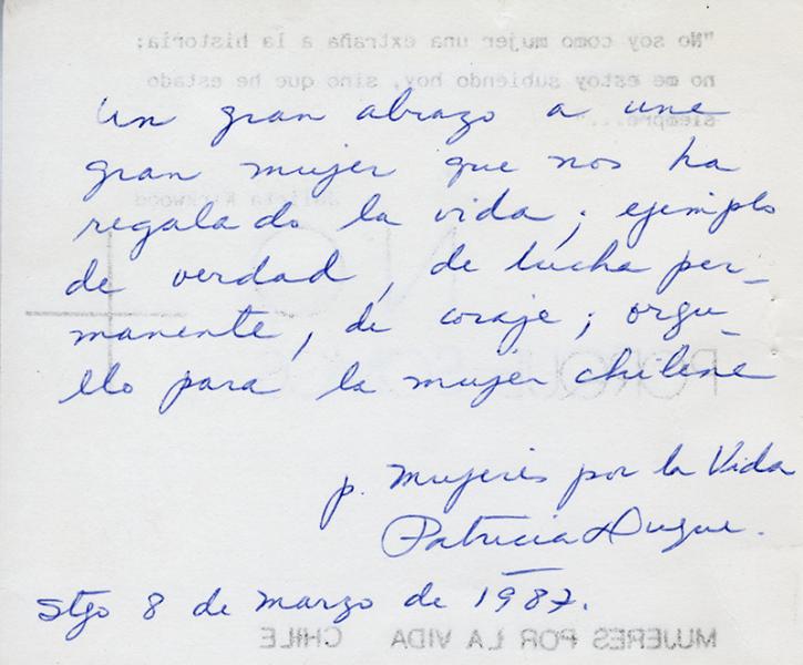 No + porque somos +”, tarjeta de Mujeres por la Vida dirigida a Elena Caffarena (8 de marzo de 1987). AMG, Fondo Elena Caffarena Morice, Caja 6. No + porque somos +”, tarjeta de Mujeres por la Vida dirigida a Elena Caffarena (8 de marzo de 1987). AMG, Fondo Elena Caffarena Morice, Caja 6.
