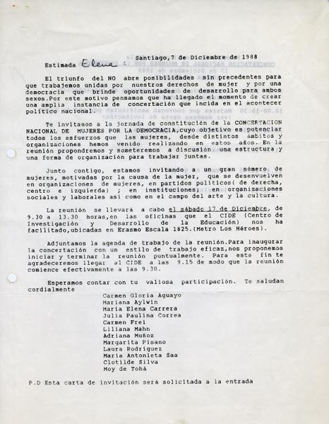 Carta a Elena Caffarena invitándola a jornada de constitución de la Concertación Nacional de Mujeres por la Democracia (diciembre de 1988). AMG, Fondo Elena Caffarena Morice, caja 6. Carta a Elena Caffarena invitándola a jornada de constitución de la Concertación Nacional de Mujeres por la Democracia (diciembre de 1988). AMG, Fondo Elena Caffarena Morice, caja 6.