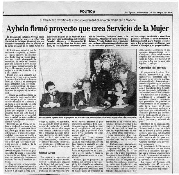 Noticia sobre creación del Servicio Nacional de la Mujer (Sernam), 1990. AMG, Fondo Elena Caffarena, Morice, Caja7. Noticia sobre creación del Servicio Nacional de la Mujer (Sernam), 1990. AMG, Fondo Elena Caffarena, Morice, Caja7.