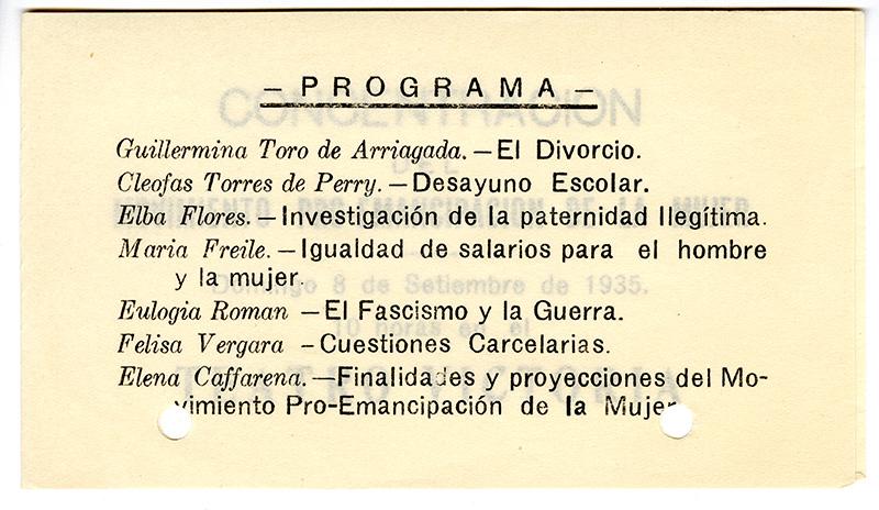 Volante para convocar a concentración del MEMCH, 1935. AMG y Géneros, Fondo Elena Caffarena Morice, caja 9.