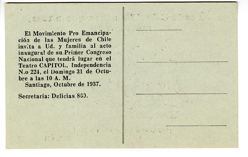 Volante para convocar al Primer Congreso Nacional del MEMCH, octubre de 1937. AMG, Fondo Elena Caffarena Morice, caja 9.