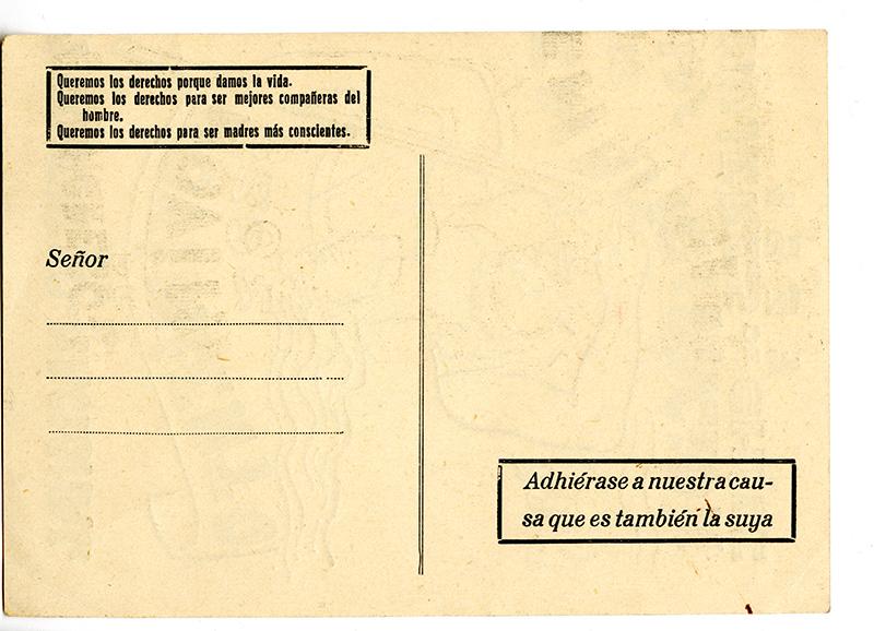 Postal del MEMCH con ilustración realizada en el marco del Primer Congreso Nacional de 1937. AMG, Fondo Elena Caffarena Morice, caja 9.