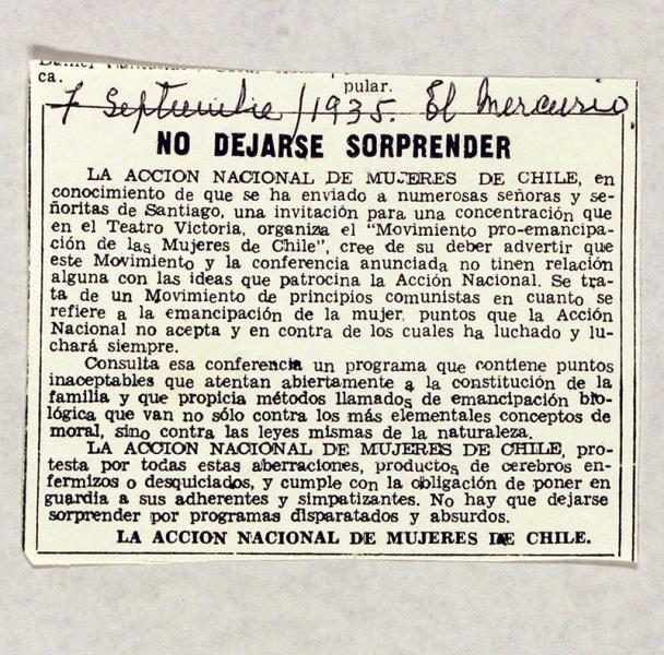 “No dejarse sorprender”, El Mercurio, 7-09-1935. AMG, Fondo Elena Caffarena, caja 5.
