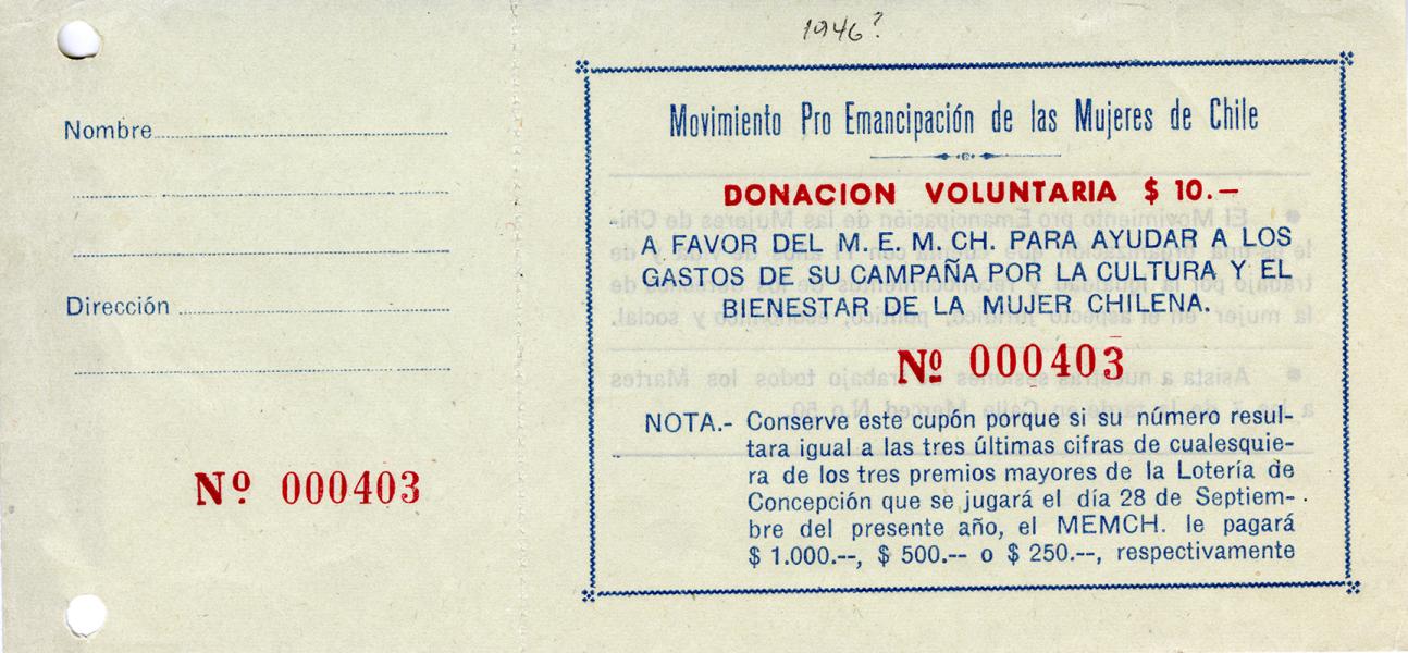 Cupón de donaciones del MEMCH, 1946. AMG, Fondo Elena Caffarena, caja 5.