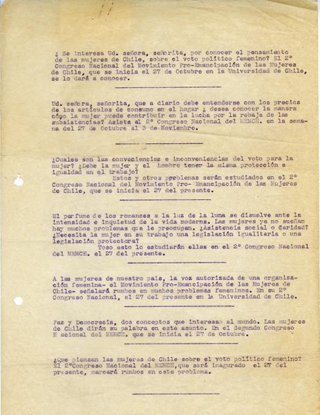 Convocatoria a Segundo Congreso Nacional del MEMCH, 1940. AMG, Fondo Elena Caffarena, caja 5.