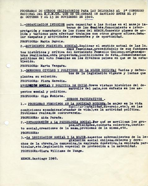 Listado de cursos obligatorios para las delegadas al Segundo Congreso Nacional del MEMCH, 1940. AMG, Fondo Elena Caffarena, caja 5.