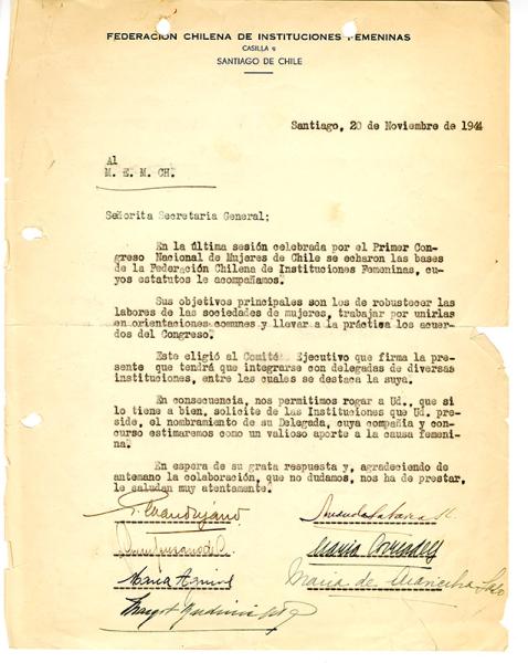 Carta del Comité Ejecutivo de la FECHIF al MEMCH, 20-11-1944.  AMG, Fondo Elena Caffarena, caja 6.