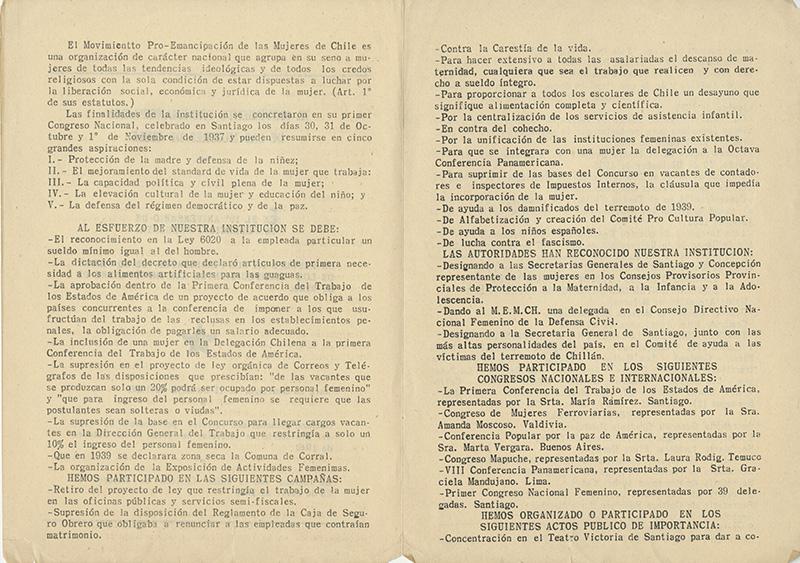 Resumen de finalidades, obras y acontecimientos importantes del MEMCH, 1945. AMG, Fondo Elena Caffarena, caja 5.